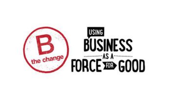 Graphic with red B Corp logo and text reading ‘B the change’ and ‘Using business as a force for good’ on a white background.