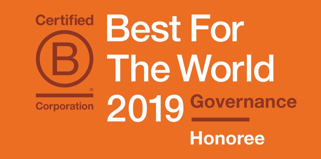 Orange graphic with Certified B Corporation logo and text: ‘Best For The World 2019 Governance Honoree,’ representing ANZRP recognition.