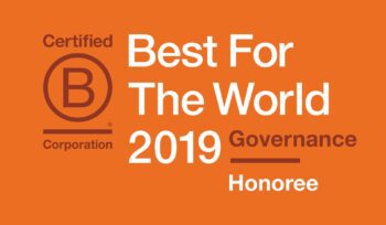 Orange graphic with Certified B Corporation logo and text: ‘Best For The World 2019 Governance Honoree,’ representing ANZRP recognition.