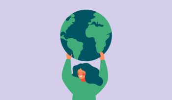 Illustration of a person holding a large globe above their head on a light purple background, symbolising global sustainability.