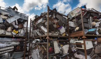Large metal cages filled with discarded electronics including monitors, printers, and cables at an e-waste recycling facility.