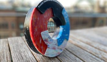 Close-up of ANZRP’s 2023 Product Stewardship Excellence Award with red, white, and blue segments, placed on a wooden surface.