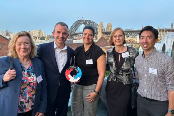 ANZRP team holding a circular award for Collective Product Stewardship in 2023, with Sydney Harbour Bridge in the background.