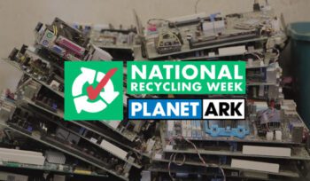 Stack of dismantled electronic circuit boards with wires and connectors, overlaid with National Recycling Week and Planet Ark logos.