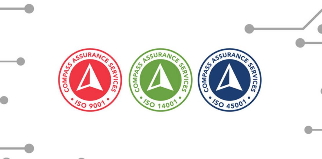 Three Compass Assurance Services logos for ISO 9001, ISO 14001, and ISO 45001 certifications on a white background.