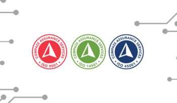 Three Compass Assurance Services logos for ISO 9001, ISO 14001, and ISO 45001 certifications on a white background.