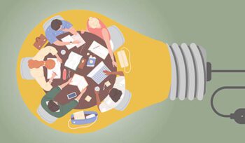 Illustration of five people seated around a round table inside a glowing lightbulb, symbolising collaboration and innovative ideas.