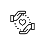 anzrp icon values Black line icon of two hands surrounding a heart with dotted circle, symbolising care, values, and responsibility for ANZRP.