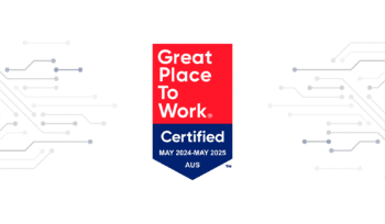 Great Place to Work Certified badge on white background with grey circuit design, red and blue sections, text for May 2024–2025 AUS.