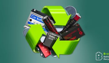 Various batteries inside a green recycling symbol on teal background with B-cycle logo, promoting battery recycling.