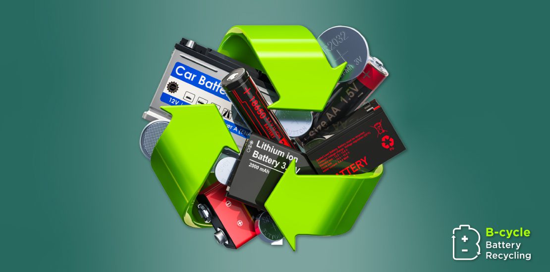 Various batteries inside a green recycling symbol on teal background with B-cycle logo, promoting battery recycling.