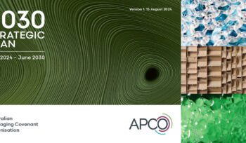 APCO 2030 Strategic Plan cover with logo, green swirl design, and samples of plastic, cardboard, and recycled glass.