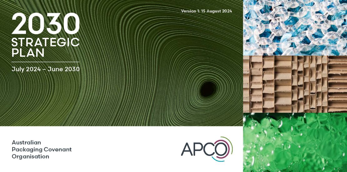 APCO 2030 Strategic Plan cover with logo, green swirl design, and samples of plastic, cardboard, and recycled glass.