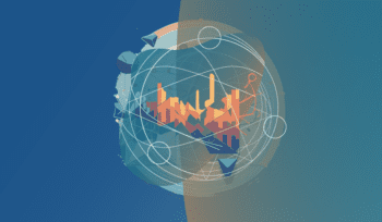 Circular economy concept with globe, white lines, orange city skyline, symbolising sustainability and global connectivity.