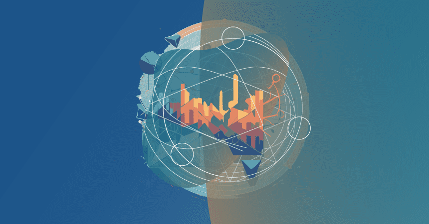 Circular economy concept with globe, white lines, orange city skyline, symbolising sustainability and global connectivity.
