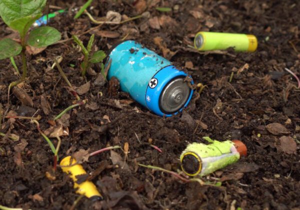 Discarded batteries in soil, highlighting the risks of e‑waste and the need for battery recycling.