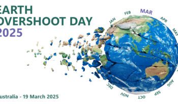 Earth Overshoot Day 2025 graphic showing a fragmented Earth with calendar months around the globe, highlighting Australia’s overshoot date on 19 March 2025.