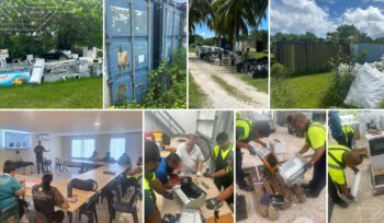 Niue Island e-waste project by ANZRP and TechCollect NZ showing discarded electronics, storage, training, and recycling.