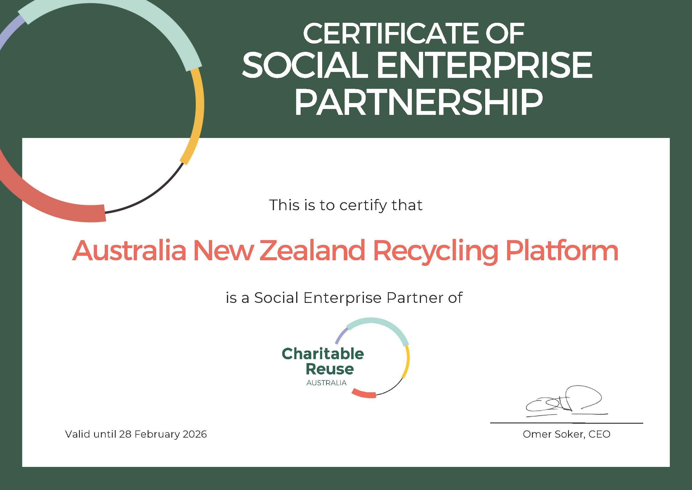 social ent partner certificate 2026 Certificate of Social Enterprise Partnership recognising Australia New Zealand Recycling Platform’s contribution to e‑waste reduction in partnership with Charitable Reuse Australia.