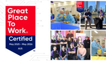 Collage with ANZRP Great Place to Work badge and images of team volunteering at Endeavour Foundation, Business Clean Up Day, and office event