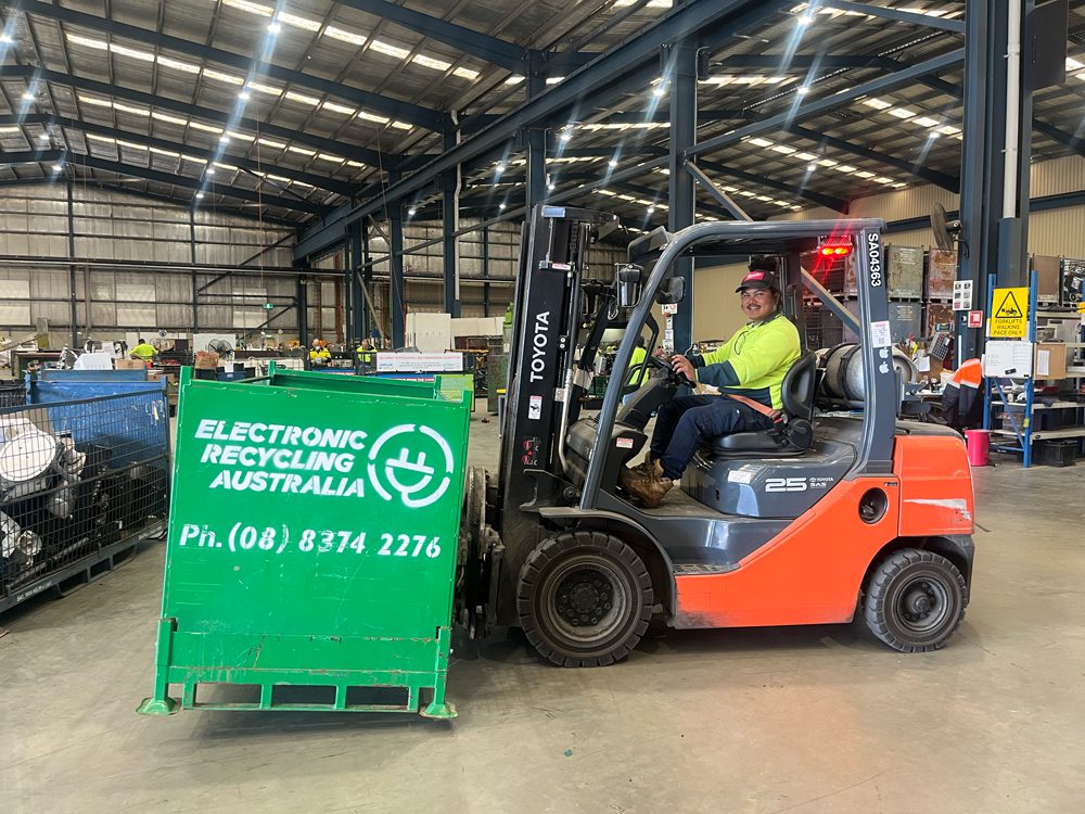 ANZRP e-waste recyclin E‑waste collection and handling inside an electronic recycling facility, demonstrating practical e‑waste solutions.