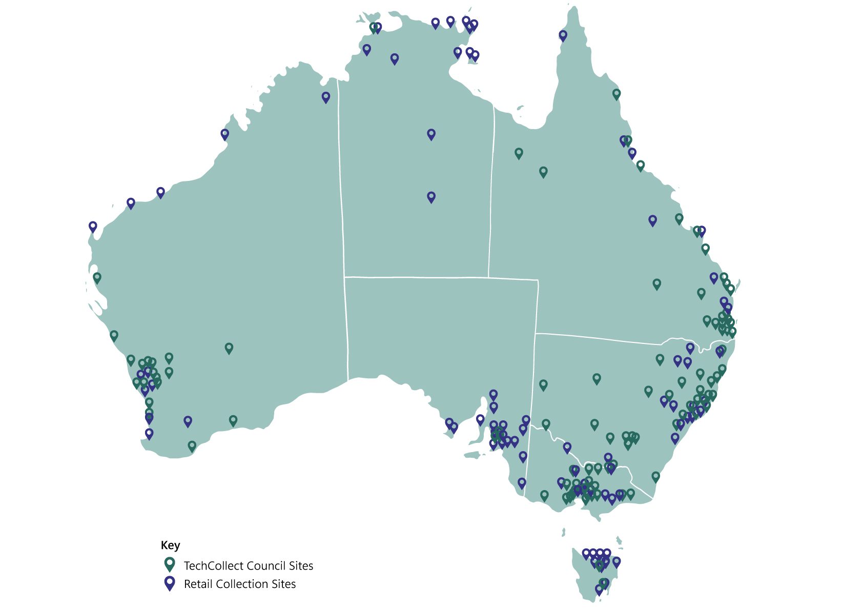 Map of Australia showing TechCollect collection locations for people looking for what is e‑waste, computer waste recycling and battery recycling options.
