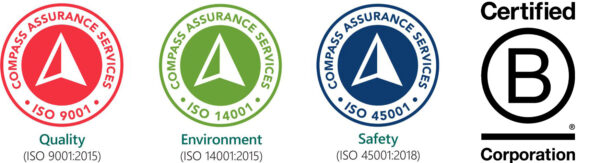 ISO 9001 Quality, ISO 14001 Environment, ISO 45001 Safety, B-Corporation Badges ISO 9001 Quality, ISO 14001 Environment, ISO 45001 Safety, B-Corporation Badges